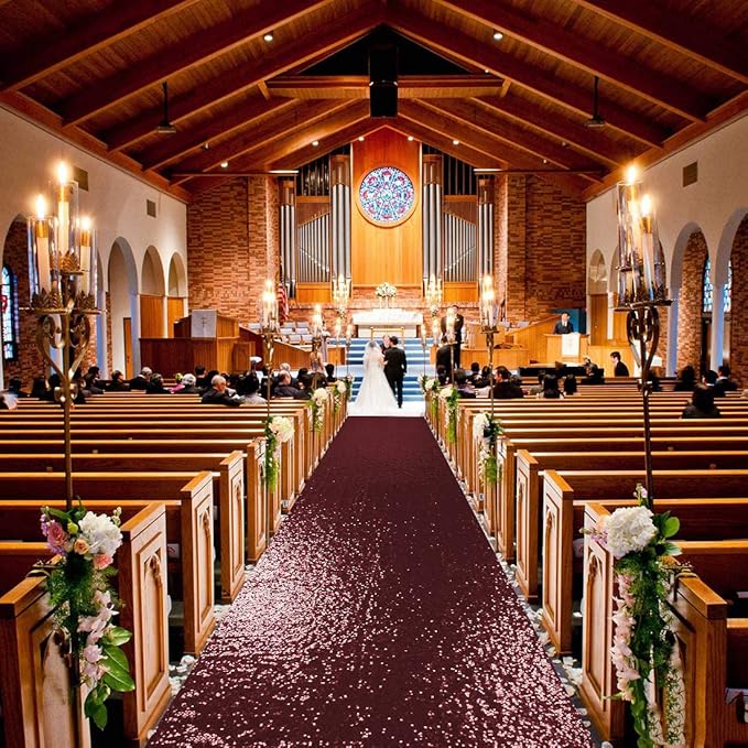 ShinyBeauty Sequin Aisle Runner Rug 4x15FT - Sparkly Burgundy Carpet for Wedding, Christmas, Party Decor - Glittering Floor Mat (48x180 Inch)