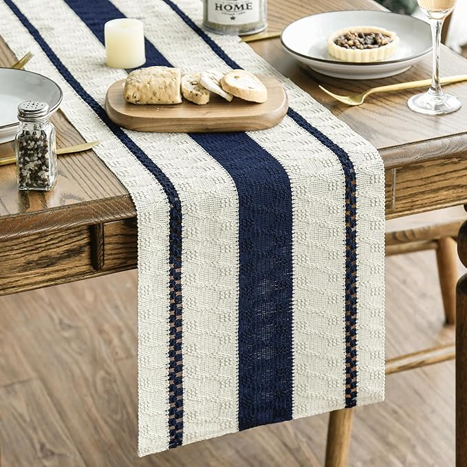 Artoid Mode Dark Blue Farmhouse Woven Rustic Table Runner, Seasonal Holiday Hollow Kitchen Dining Table Decoration for Home Party Decor 12x72 Inch