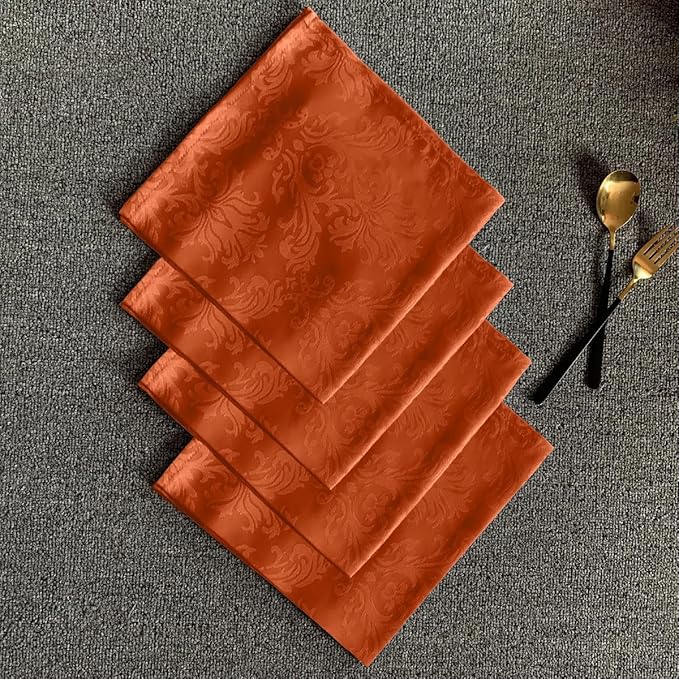 Cloth Napkins 20 x 20 Inch Set of 4, Washable Jacquard Damask Autumn Table Napkins for Fall, Harvest, Thanksgiving, Holiday, Rusty/Orange (4 Pieces/Packs)