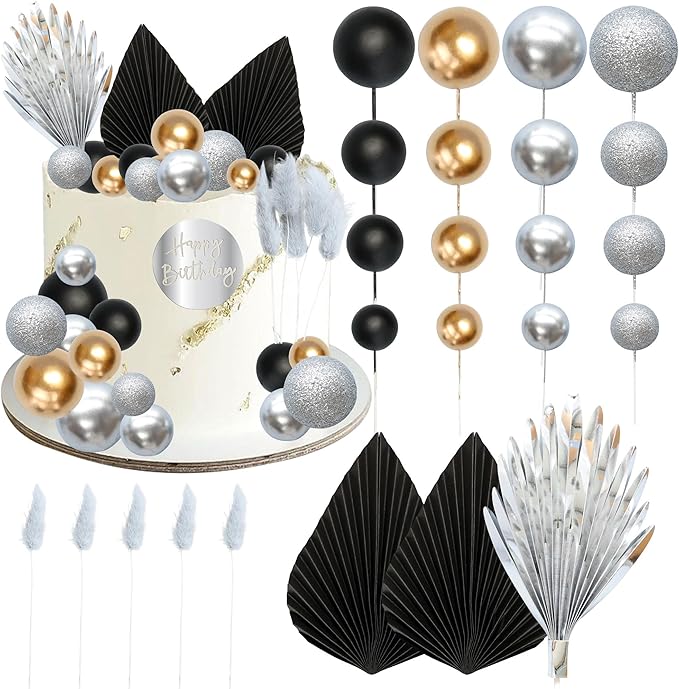 Ephlyn 33 Pack Balls Cake Toppers Boho Palm Leaves Cake Decorations Round Acrylic Happy Birthday Cupcake Toppers for Birthday Wedding Baby Shower Party Supplies Black Silver