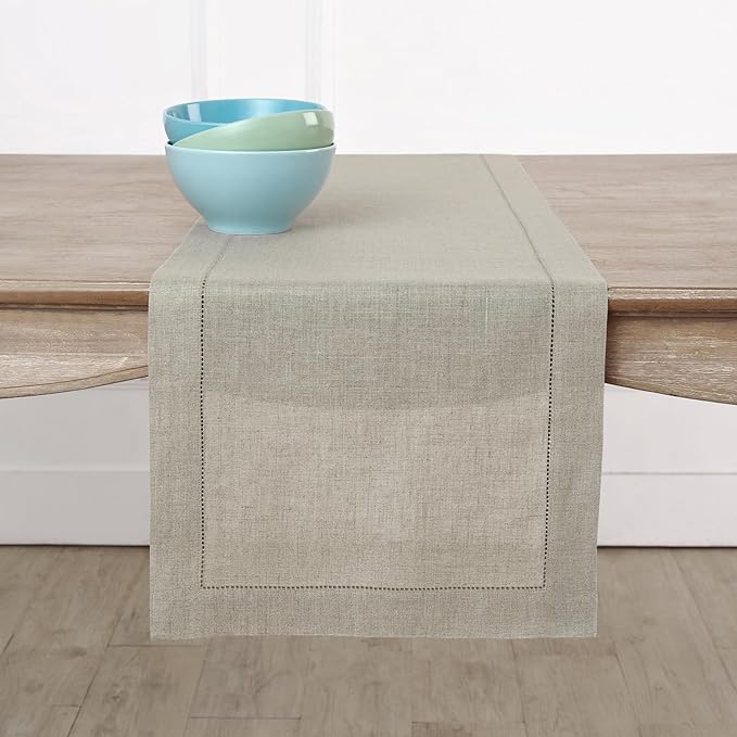 Solino Home Linen Natural Table Runner 48 Inches - Classic Hemstitch, 100% Pure Linen Coffee Table Runner 14 x 48 Inch Ideal for Dresser Tables - Fall, Halloween, Thanksgiving, Christmas, Holiday