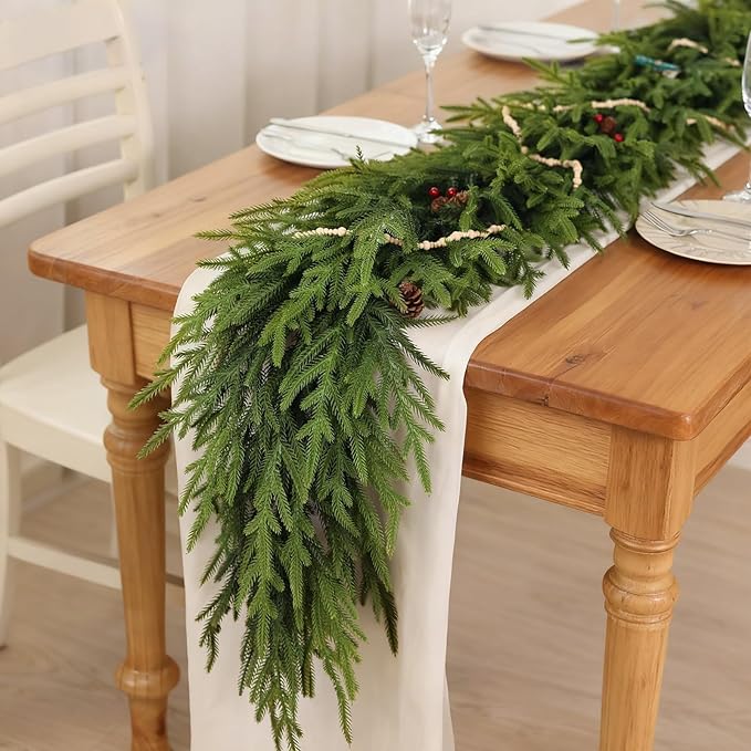 16FT Christmas Artificial Norfolk Pine Garland for Fireplace - Realistic Faux Greenery Fake Garland for Holiday,Table, Window,Mantel,Stairs, Home,Indoor Outdoor Decor (1PCS)