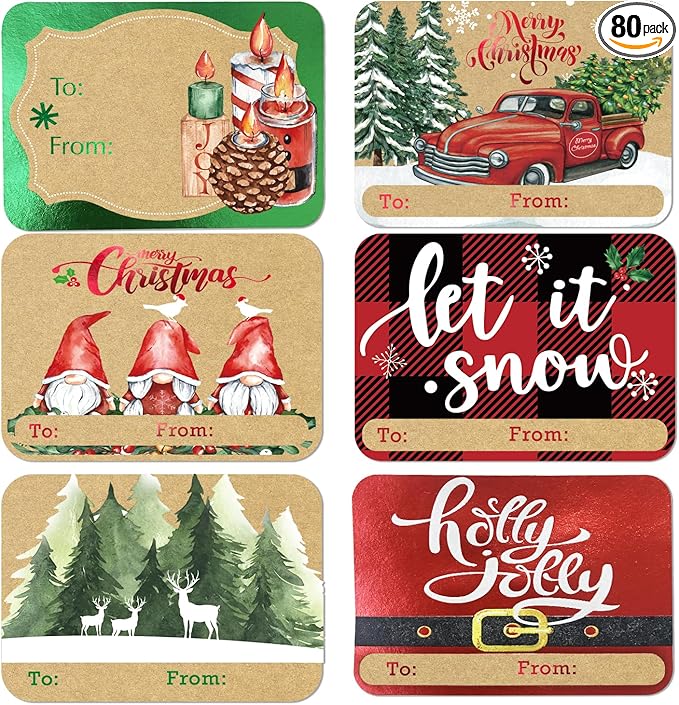 80-Count Foil Kraft Christmas Tags Sticker，8 Jumbo Designs - Xmas to from Christmas Stickers Name Tags Write On Labels - Holiday Present Label…