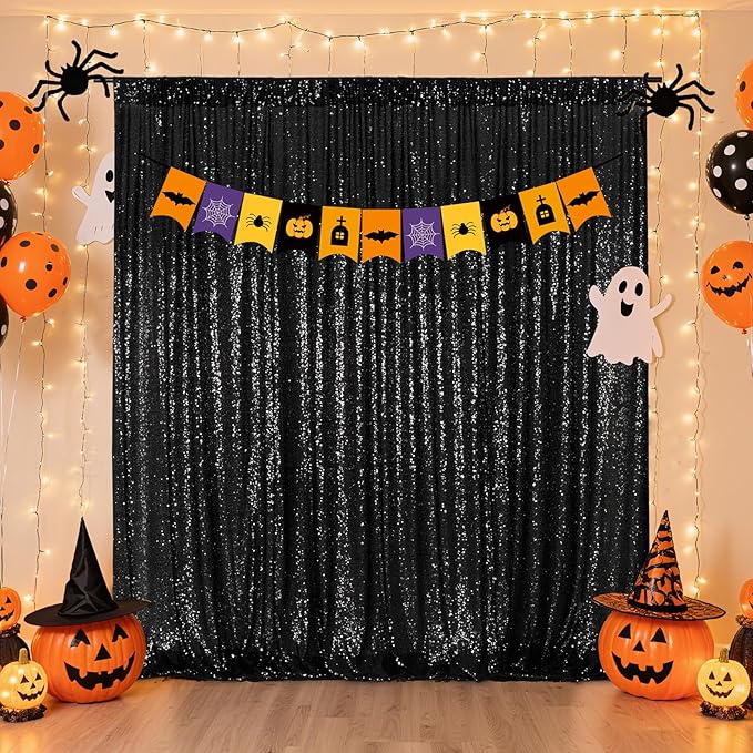 Poise3EHome 4x8ft Black Sequin Backdrop, Upgrade Shimmer Backdrop for Halloween Decor, Party Photo Booths, and Event Decorations