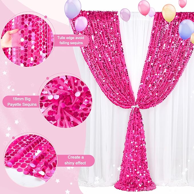 Big Payette Sequin Backdrop 4ftx8ft Hot Pink Sparkly Glitter Curtains for Birthday Parties Background Decorations