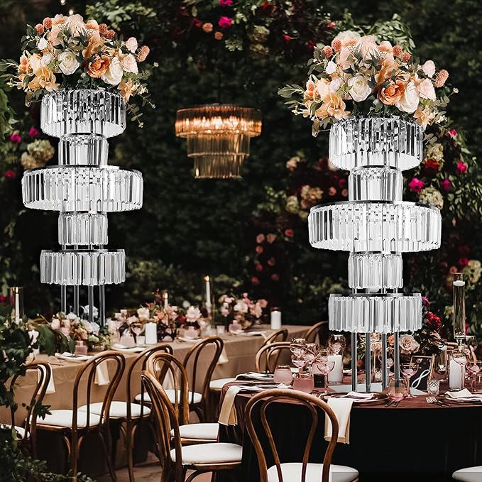 Silver Crystal Vases for Centerpieces, 47.2in Metal Pedestal Stands for Table Chandelier Centerpiece Wedding, 5 Tier Round Flower Stand for Wedding Reception Birthday Party Events Home Decor