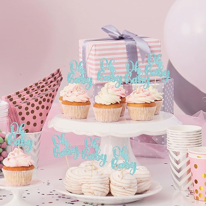Gyufise 36Pcs Oh Baby Cupcake Toppers Glitter Baby Shower Cupcake Picks Oh Baby Cake Pick for Baby Shower Kids Boys Girls Birthday Party Cake Decorations Supplies Light Blue