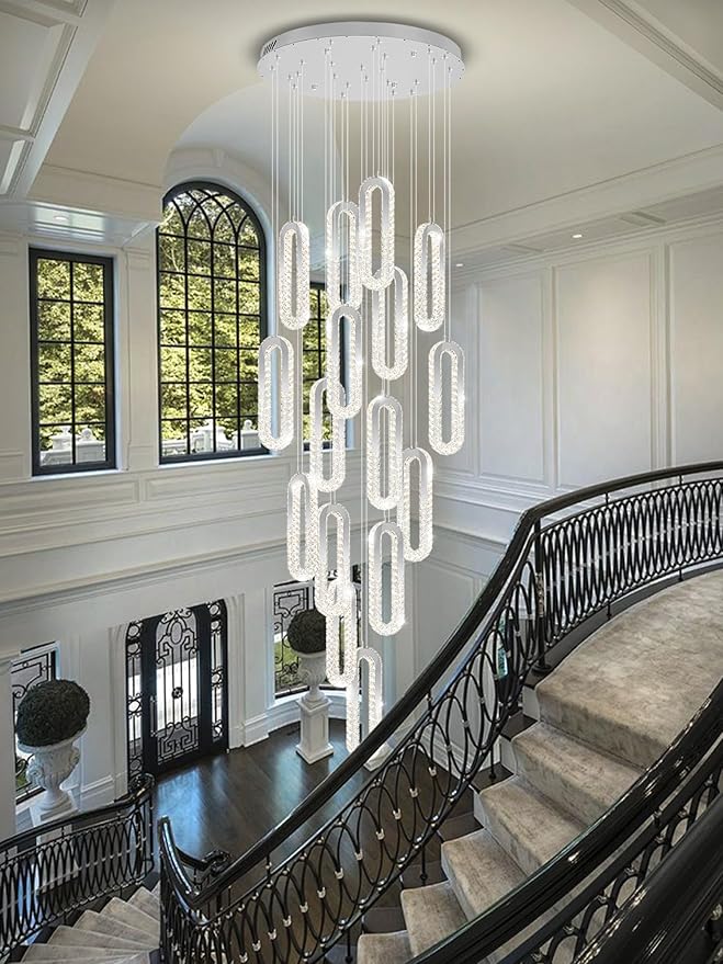 H138 Large Chandelier for High Ceiling,Modern 16-Rings Crystal Chandeliers for Entryway,Silver Pendant Light for Living Room,Foyer,Entryway LED Dimmable Staircase Chandelier