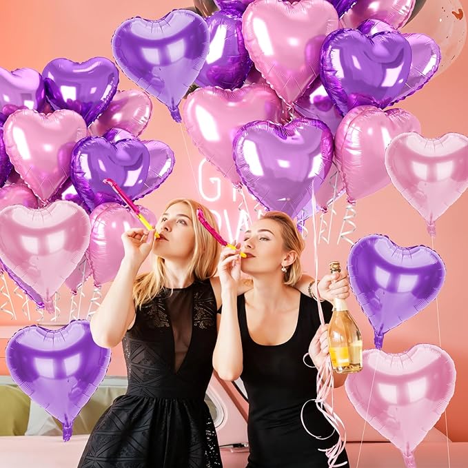 12 Pcs Heart Balloons, 18 inch Pink Purple Heart Shaped Balloon, Big Helium Foil Pink Purple Balloons for Wedding Baby Shower Anniversary Backdrop Valentine Women Girl Party Decoration