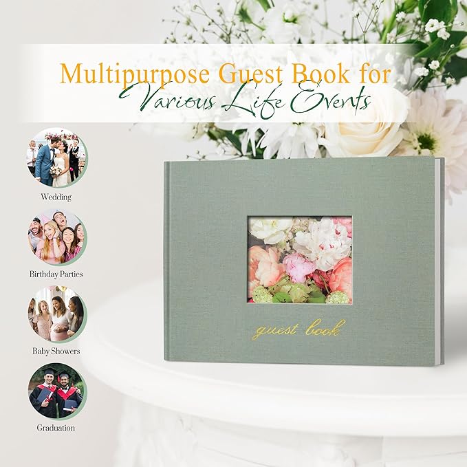 SUNEE Wedding Guest Book - Polaroid Guest Book Weddings Reception, Linen Cover 7" x 9" Guest Book for Baby Shower, Birthdays and Special Events, 100 Blank Pages for Wedding Sign in and Photos, Green