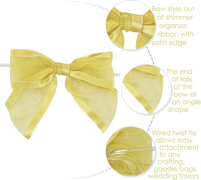 AIMUDI Gold Bows for Treats 4" Organza Bows Premade Twist Ties Bows for Gift Wrapping Crafts Treat Bags Baskets Cake Pop Baby Shower Birthday Wedding Christmas Decor - 12 Counts