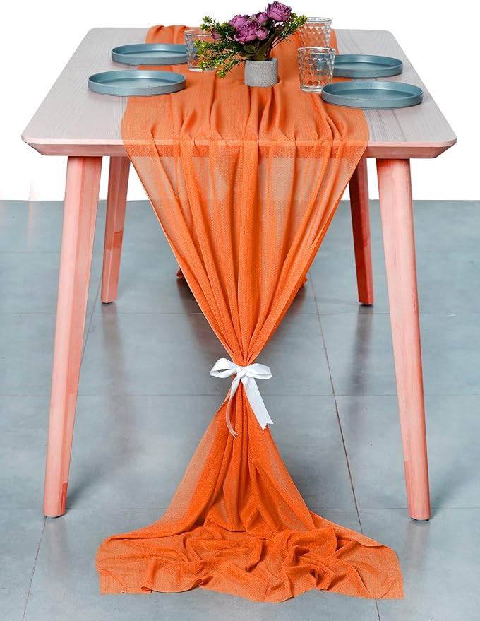 MDS 25 Pack 10ft Chiffon Table Runner 29 x 120 Inches Sheer Wedding Runner Romantic Rustic Table Runner for Wedding Decorations, Birthday Parties, Bridal Shower Party Arch Decor - Orange