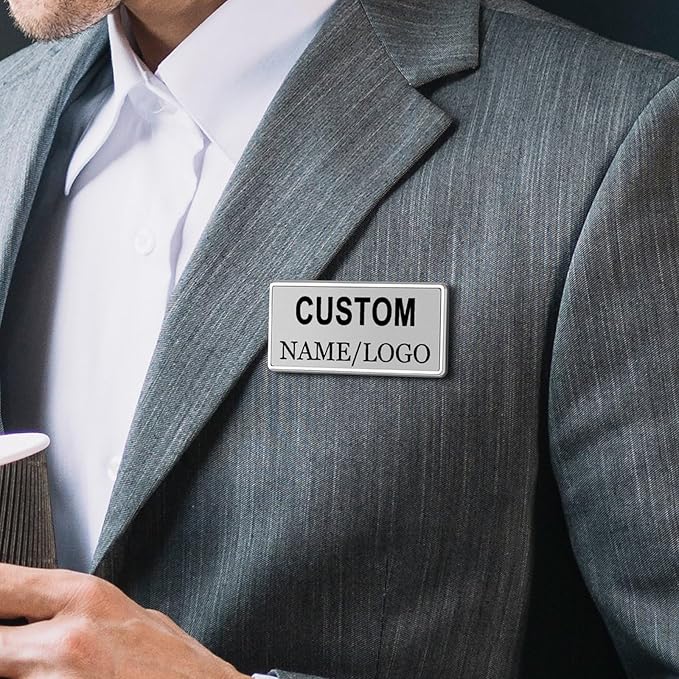 Custom Name Tags ID Badges with Logo Name Personalized Name Badges Name Tag ID Badges with Pin Backing Customizable Name Badges for Business Offices Stores Restaurant, 1.5x2.8 in, 20PCS