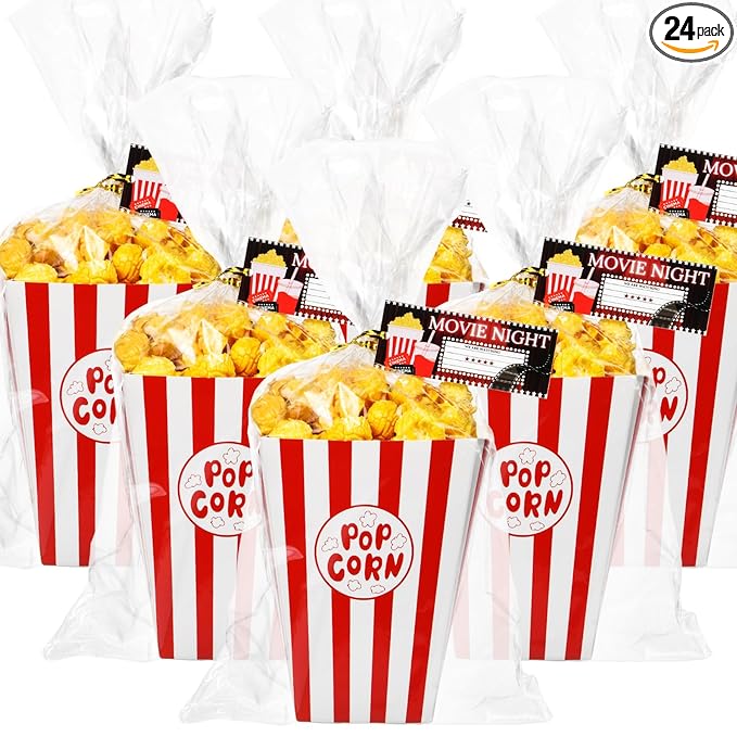 24set Movie Night Party Favors include Paper Popcorn Box Cellophane Bags and Ticket for Movie Theme Birthday Wedding Party Supplies