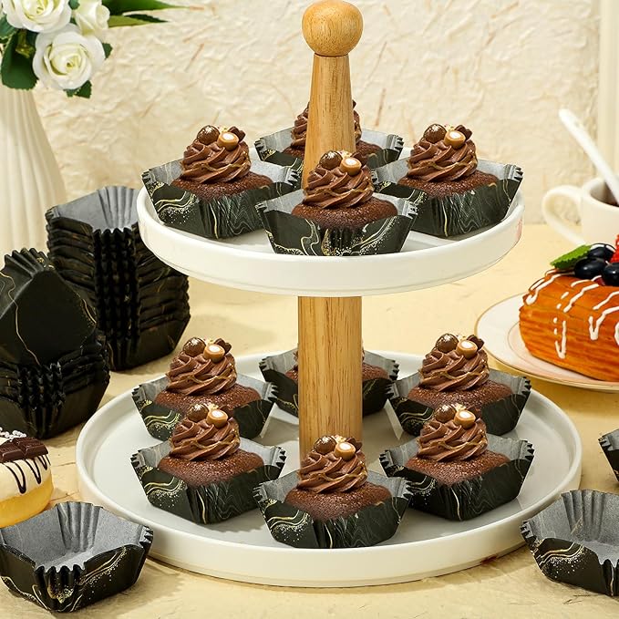 Tanlade 350 Pcs Square Mini Cupcake Liners Disposable Brownie Baking Pan Liners 1.77 Inch Paper Baking Cup for Cup and Cupcakes Party Supplies for Weddings Birthdays Bridal Showers(Black Marble)