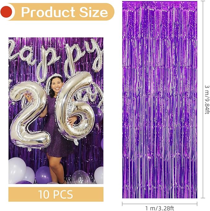 10 Pack Purple Foil Curtain Backdrop 3.2ft x 9.8ft Black Metallic Tinsel Foil Fringe Curtains Streamer Photo Booth Backdrop for Birthday Party Engagement Bachelorette Party Decorations (Purple)