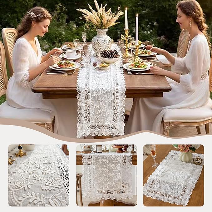 White Elegant Vintage Lace Table Runner,Wedding Lace Decor with Floral Embroidery,Tea Party Decor (White, 13.8X47 Inches)