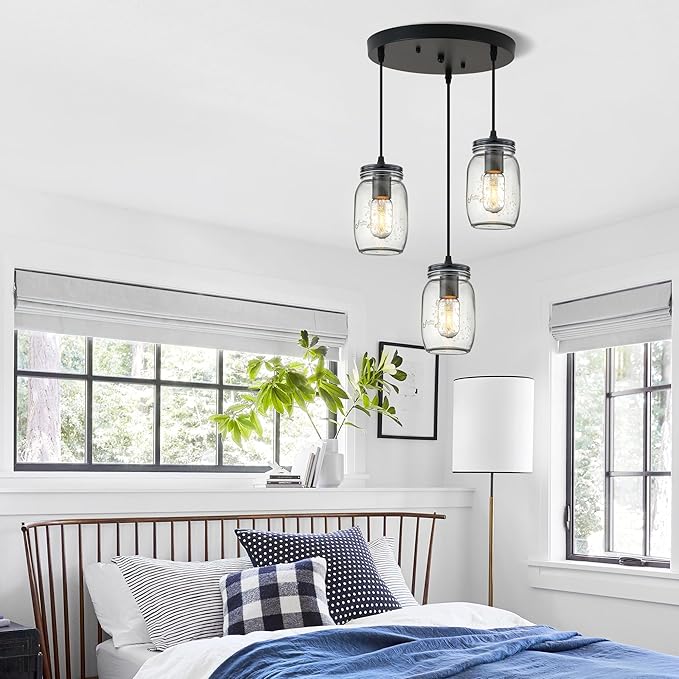 Kitchen Island Light, Adjustable Pendant Lighting,Glass Mason Jar Hanging Lamp (3-Light)