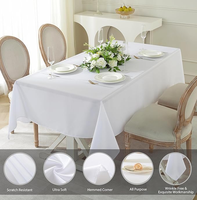Craft And Party Rectangle Tablecloth, 90 x 132 Inch White Tablecloth, 8ft Rectangle Table Cloth, Polyester Fabric Washable Tablecloth for Home, Party, Wedding or Restaurant Use.