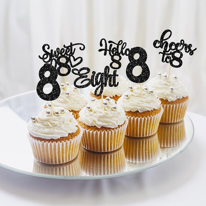 30Pcs 8th Birthday Cupcake Toppers Glitter Eight Hello 8 Cupcake Picks Cheers to 8 Years Old Cake Decorations for 8th Birthday Party Supplies Black
