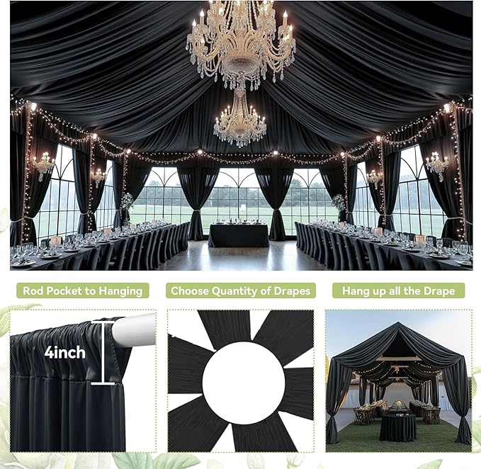 PartyVillage 12 Panels 5ftx30ft Black Ceiling Drapes for Halloween Parties – 30 FT Extra Long Thick Polyester Wrinkle-Free Drapery Tent Decor Decorations for Birthday Party Ceremony Stage Swag