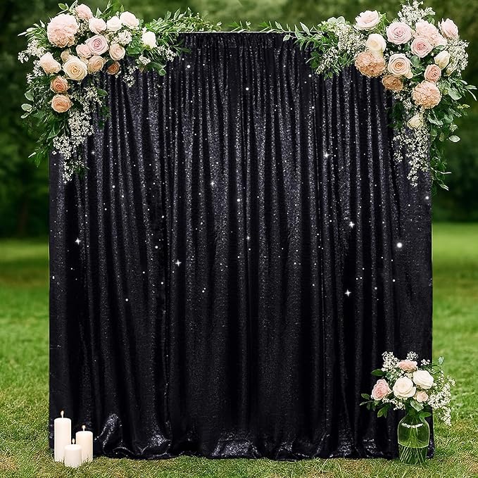 SquarePie Sequin Backdrop Less Transparent Background Sparkly Curtain for Wedding Halloween Party 6FT x 8FT Black