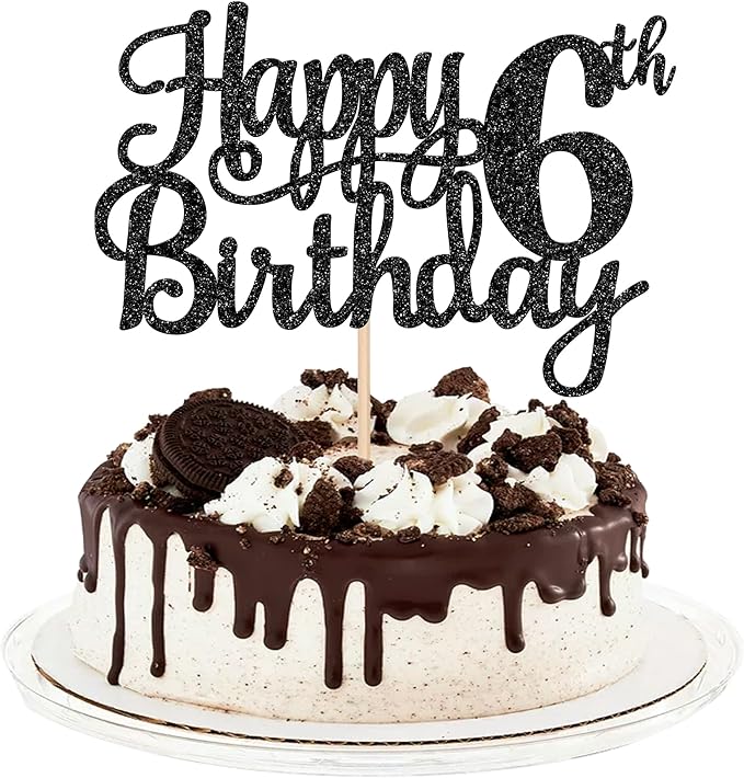 1 PCS Happy 6th Birthday Cake Topper Glitter Cheers to 6 Years Cake Pick Number 6 Fabulous Cake Decoration for 6th Birthday Theme Party Decorations Supplies Black