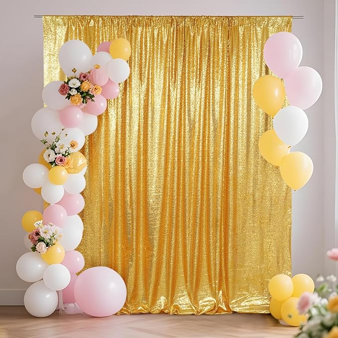 SquarePie Sequin Backdrop Curtain Less See Through Thick Glitter Background for Party 8FT x 10FT Gold