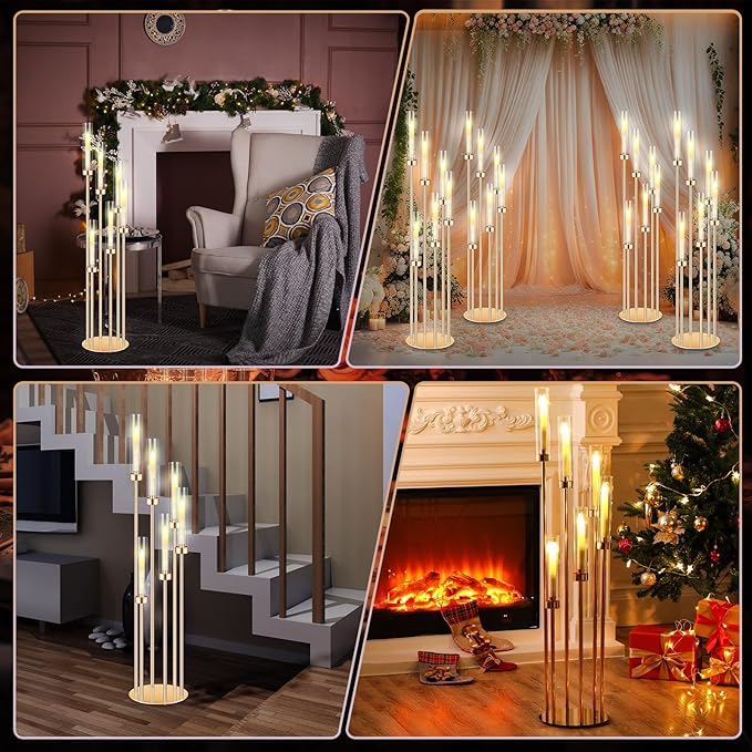 Tandefio 4 Sets Acrylic Candelabra Centerpieces 46.5'' Tall Clear Candle Holders Pillar Taper Candlestick with Lampshades 6 Arm Floor Candelabra Stand for Wedding Christmas Ceremony Dinner Party