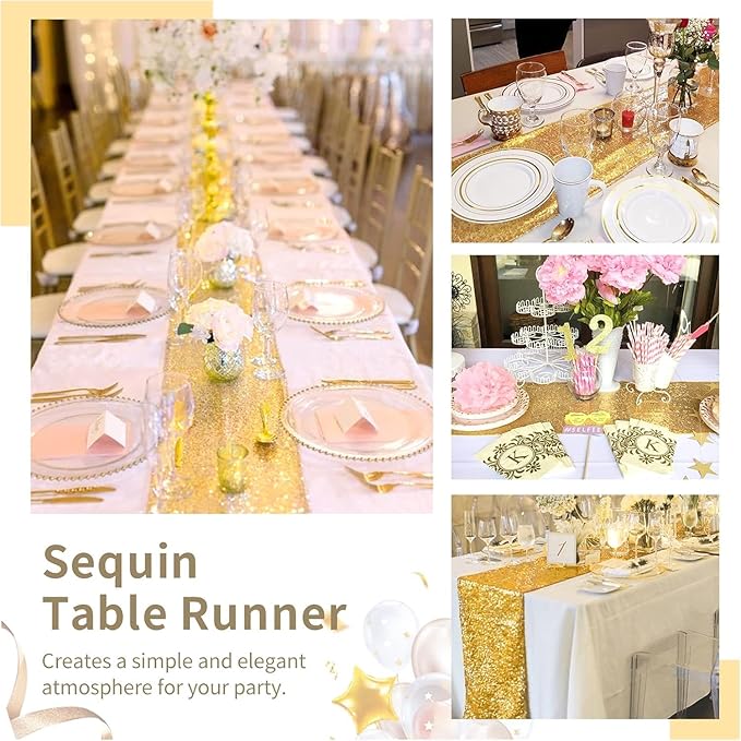 Sequin Table Runners 2 Pieces Gold Table Runners 12x72 Inch Glitter Dining Table Cover for Party Wedding Birthday Reception Banquet Decoration Spring Party Chair Sashes