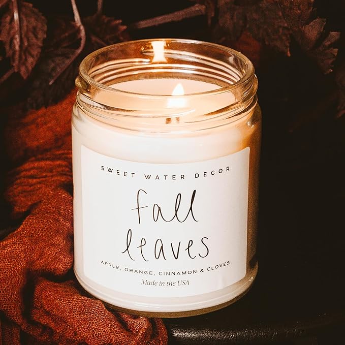 Sweet Water Decor Leaves Scented Candle - Soy Candle with Apple Orange Cinnamon & Cloves Scent - Soy Candle Wax with 40 Hours Burn Time - 100% Cotton Wick Fall Candle Made in USA - Clear Jar 9oz