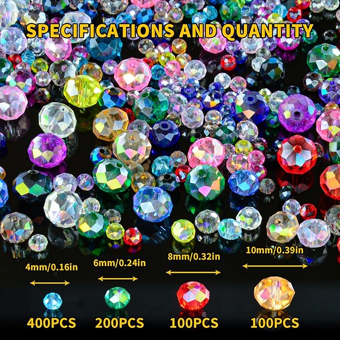 800Pcs Colors Random 4/6/8/10mm Crystal Glass Beads for Jewelry Making Beads for Bracelets Necklace Pendants Making Supplies(Mixed Colors)