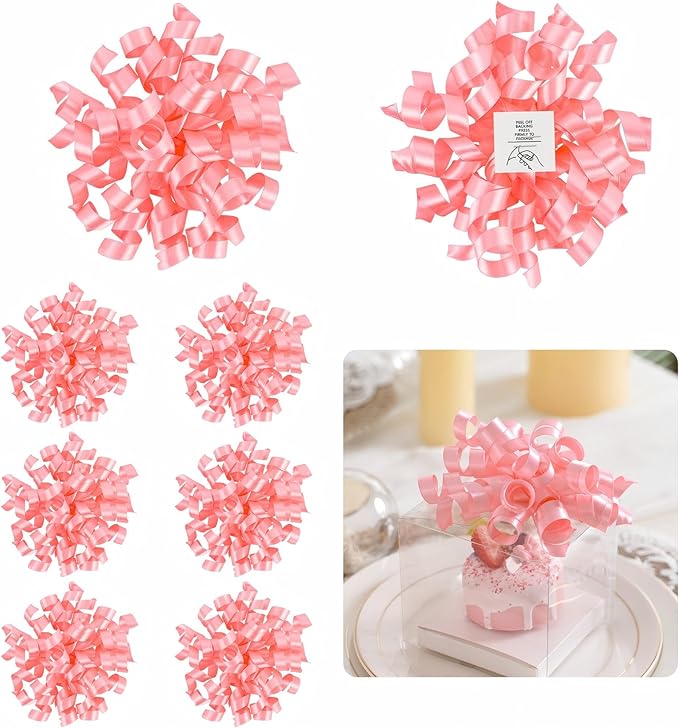 5 Inch Baby Pink Gift Bow Curly Ribbon Bows Set of 8, Double Faced Satin Ribbon Bow Premade Self Adhesive Bow Decorations for Party, Wedding, Holiday, Bows for Crafts, Wine Bottle, Presents