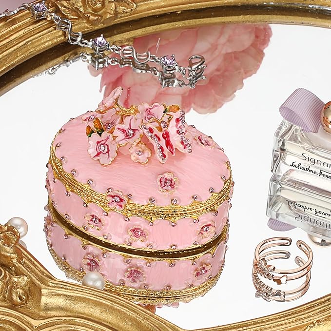 ELLDOO Enamel Flower Butterfly Trinket Box, Mini Vintage Metal Hinged Decorative Box Ring Earrings Jewelry Organizer, Keepsake Home Decor Gift Box for Women Girls, Pink
