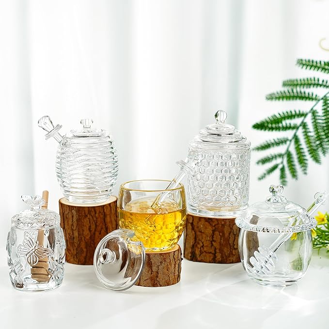 kanpura Honey Pot with Dipper and Lid Glass Honey Jar with Dipper Wide Mouth Honey Containers Airtight Syrup Honey Dispenser for Home Kitchen(7.5 OZ)