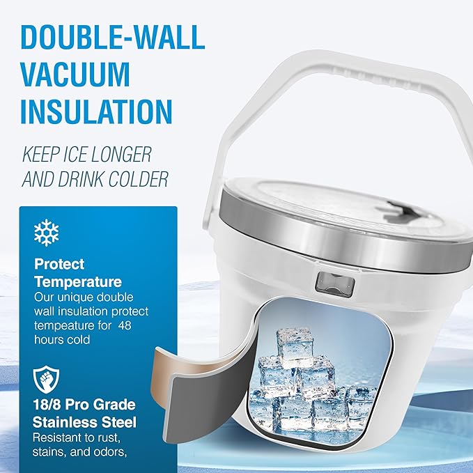 Insulated Ice Bucket with Lid & Scoop-XL Double-Walled, bar Essentials for Entertaining, Holiday Party, Stainless Steel Wine Chiller, Beverage Tub with Handle, Bottle Opener, Great Gift(White)