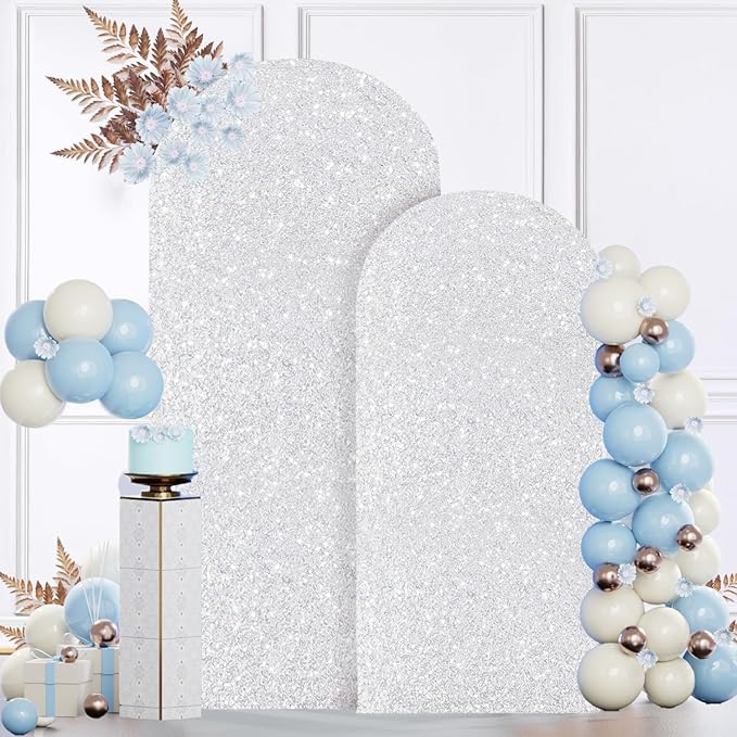 MODFUNS Metal Arch Backdrop Stand and Cover Set 6&7.2ft Silver Sequins Arch Cover Set of 2 Metal Arch Frame with Covers Balloon Arch Stands for Wedding Ceremony Banqet Party Reception