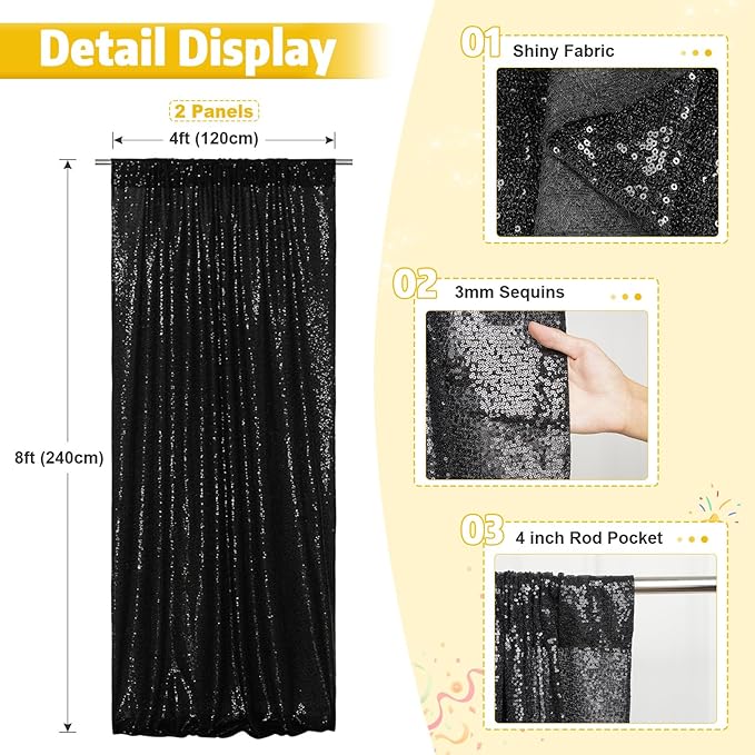 Poise3EHome 2 Panels 4x8ft Black Sequin Backdrop,Upgrade Shimmer Backdrop for Wedding Decor,Party Photo Booths,Event Decorations