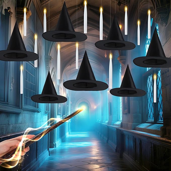JOYIN 20Pcs Halloween Floating Candles and Witch Hat Light Up with Wand Remote Set Magic Hanging Candles and Wizard Hat with 2 Light Mode and Timer for Halloween Window Ceiling Porch Theme Party Decor