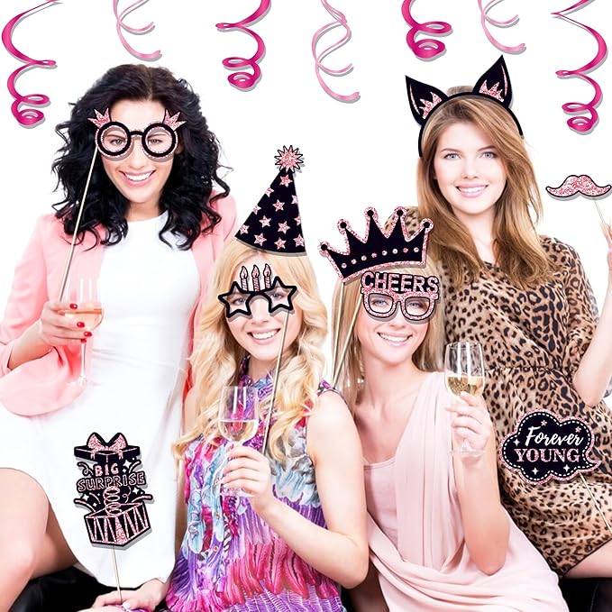 36 PCS Birthday Photo Booth Props Party Supplies Holiday Picture Decorations Photo Booth Props for Birthday Party Favors Pose Sign Kit Fun for Party (Black and Pink)