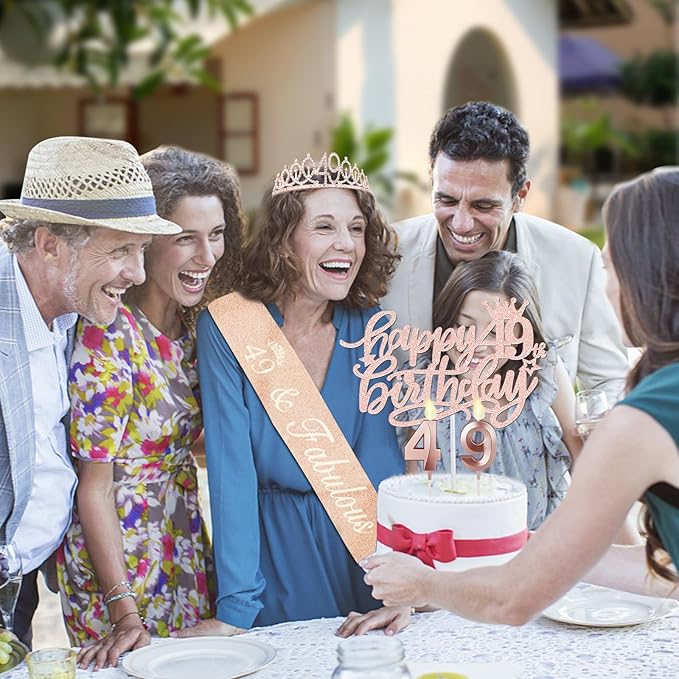 49 Birthday Decorations for Women Including Birthday Sash and Tiara, Cake Topper and Candles, 49 Year Old Gifts for Women, Rose Gold Party Favor Supplies