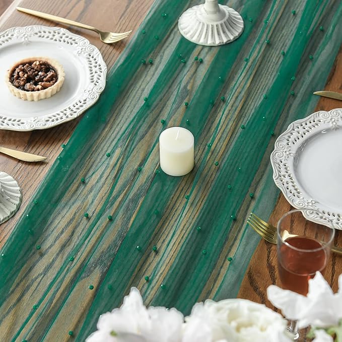 Artoid Mode Pearl Dark Green Gauze Table Runner 59x120 Inch , Seasonal Sheer Kitchen Dining Holiday Wedding Birthday Baby Shower Table Decor for Home Party