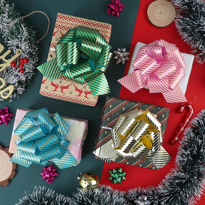 FORBINBO 12 Pieces Stripe Pull Bow Large Gift Wrapping Pull Bows with Ribbon for Christmas Presents Wedding Gift Wrapping Baskets