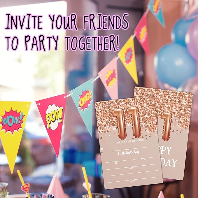 11th Birthday Invitation Cards, Rose Gold Glitter 11th Birthday Party Invites, Kids Happy Birthday Party Decorations Supplies, 20 Fill-in Cards with Envelopes for Boys or Girls Party Celebration - C03