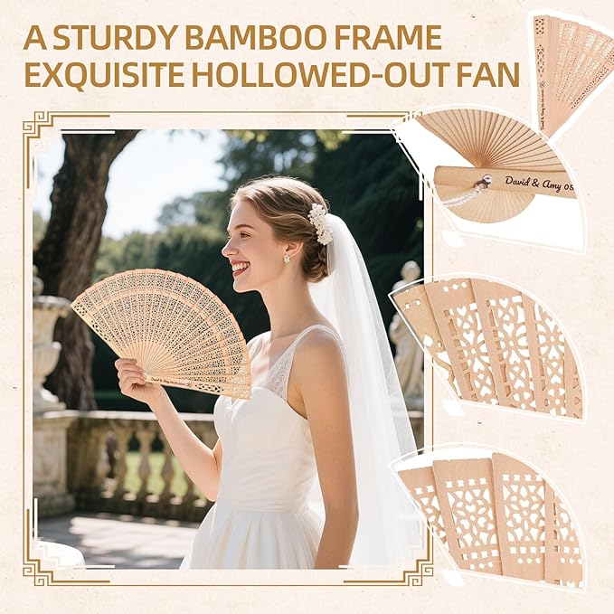 200pcs Personalized Wedding Fans for Guests - Custom Wooden Hand Fans with Names/Dates - Bulk Wedding Favors for Bridal Shower, Baby Shower & Parties (Wood, 200pcs)