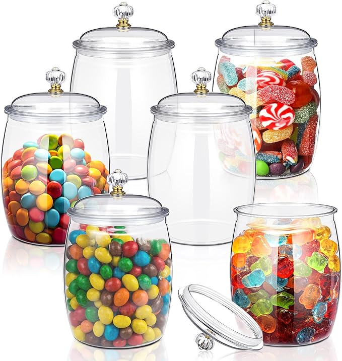 Nuogo 6 Pcs Plastic Candy and Cookie Jar with Lids Decorative Apothecary Jars Candy Buffet Containers Clear Airtight Food Storage Canister Home Decoration(64 oz,Classic)