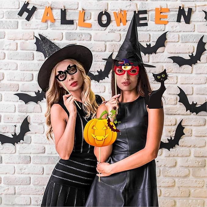 30 Pcs Halloween Photo Booth Props,Pumpkin Ghost Skull Mask Witch Hat Party Decoration Supplies,Halloween Selfie Dress-up Props Decoration