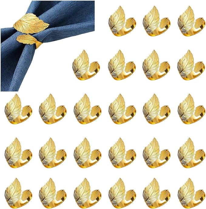 Napkin Rings Set of 50 pcs, Gold Leaf Napkins Rings Holders Bulk for Wedding,Holleween Dinner,Birthday,Christmas,Thanksgiving Party of Table Setting Decor (Golden Leaves 50 pcs)