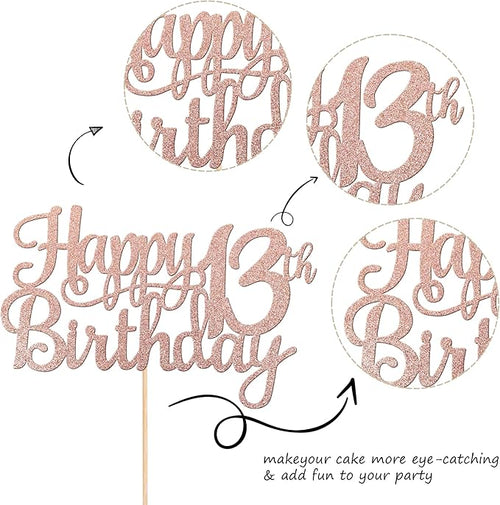 1 PCS Happy 13th Birthday Cake Topper Glitter Cheers to 13 Years Birthday Cake Pick Official Teenager 13 Fabulous Cake Decoration for Happy 13th Birthday Theme Party Decorations Supplies Rose Gold
