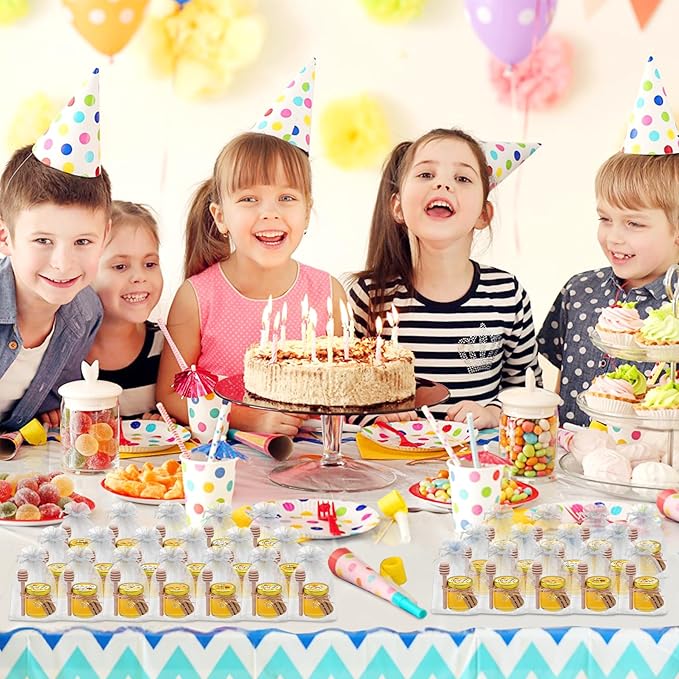 Aliggbent 126 Pack Mini Honey Jars for Party Favors in Bulk, 1.5 oz Small Round Glass Honey Jars with Dippers, Lids, Cute Stickers, Bee Charms, Bags and Jute for Baby Showers, Weddings & Birthdays